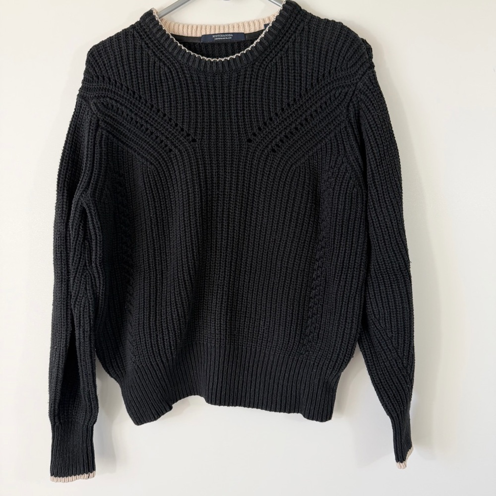 Scotch & Soda Black Cable Knit Sweater Cream Accents Size S